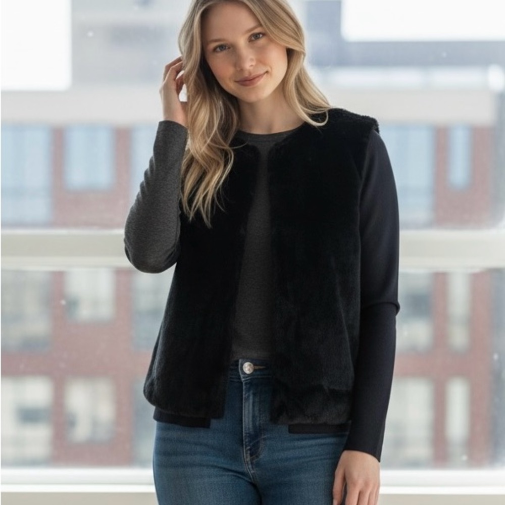 Banana Republic Navy Faux Fur Front Cotton Sleeves & Back Sweater/Jacket Size S